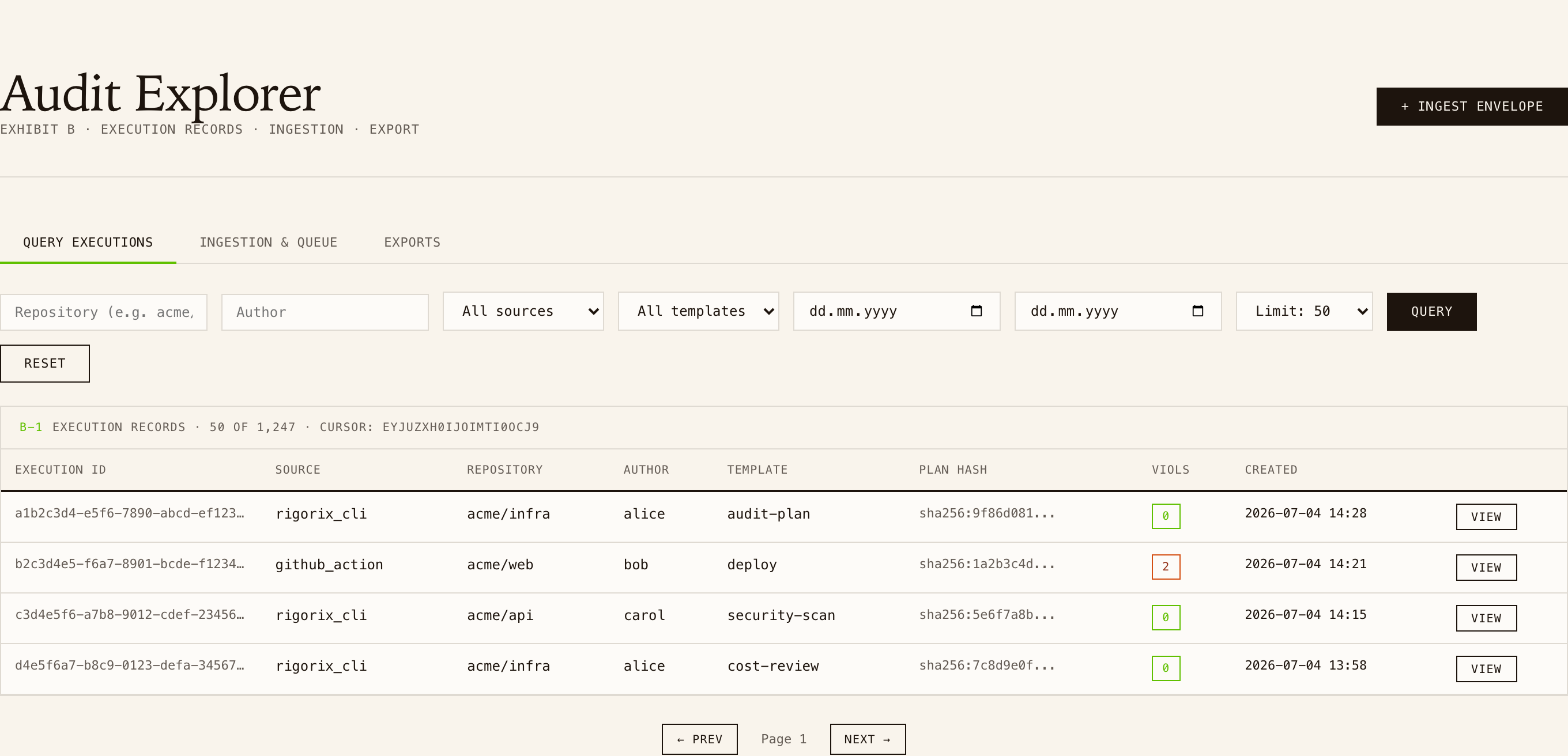 Rigorix Audit Explorer — HMAC-signed audit ledger with search, filter, and export